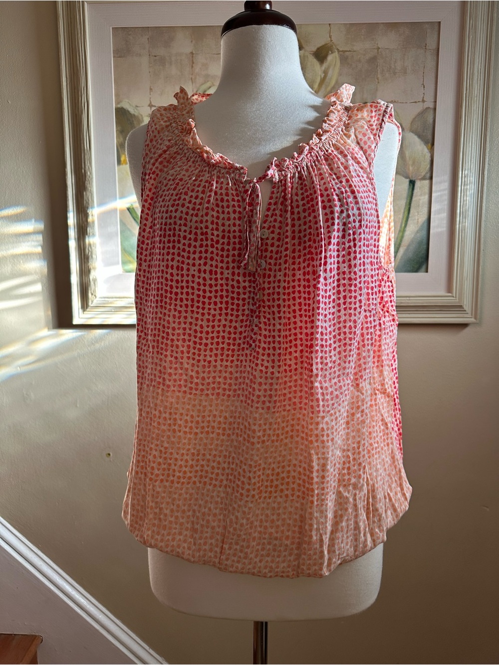A.n.a. Women’s 1X Sleeveless Peach & White Polka Dot Top With Smocked Hem & Tie